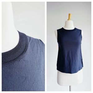 Vince Linen-Blend Rib Trim Tank Top | Navy Blue | XXS | Quiet Luxury Essential